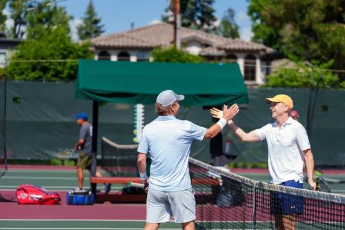 Players exchanging high-five at the net